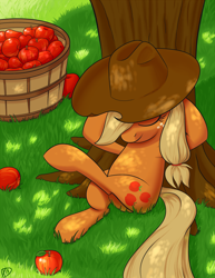 Size: 850x1100 | Tagged: safe, artist:paradigmpizza, applejack, earth pony, pony, apple, barrel, relaxing, solo, tree