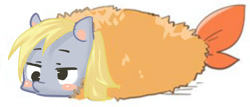 Size: 506x216 | Tagged: safe, artist:archeryves, derpy hooves, pegasus, pony, shrimp, blush sticker, blushing, cute, derpabetes, female, fried shrimp, lidded eyes, mare, objectification, pixiv, pouting, simple background, solo, tempura, wat, what has science done, white background