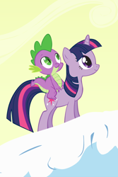 Size: 640x960 | Tagged: safe, derpibooru import, screencap, spike, twilight sparkle, unicorn twilight, dragon, pony, unicorn, winter wrap up, cropped, dragons riding ponies, duo, iphone wallpaper, looking up, riding
