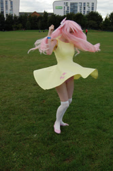 Size: 729x1096 | Tagged: safe, artist:lady-giggles, fluttershy, human, clothes, cosplay, dress, irl, irl human, photo, skirt, solo, spinning, upskirt