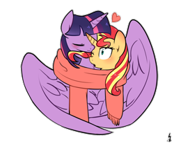 Size: 1300x1080 | Tagged: safe, artist:haden-2375, sunset shimmer, twilight sparkle, twilight sparkle (alicorn), alicorn, pony, clothes, eyes closed, female, heart, lesbian, one eye closed, open mouth, scarf, shipping, sunsetsparkle