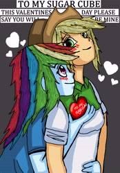 Size: 5000x7190 | Tagged: safe, artist:takrontoxicity, derpibooru import, applejack, rainbow dash, equestria girls, absurd resolution, appledash, blushing, clothes, cowboy hat, cute, female, hat, heart, holiday, lesbian, multicolored hair, shipping, shirt, smiling, stetson, valentine's day