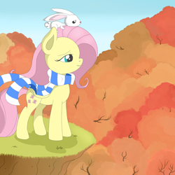 Size: 894x894 | Tagged: safe, artist:fluttershyfree, angel bunny, fluttershy, pegasus, pony, autumn, clothes, scarf