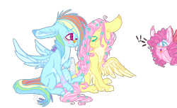 Size: 1527x937 | Tagged: safe, artist:dashkatortik12222222, derpibooru import, fluttershy, pinkie pie, rainbow dash, earth pony, pegasus, pony, bandage, bandaid, blushing, female, floppy ears, flower, flower in hair, flutterdash, hair over one eye, lesbian, long ears, looking at each other, pale belly, shipping, simple background, sitting, smiling, spread wings, transparent background, wings
