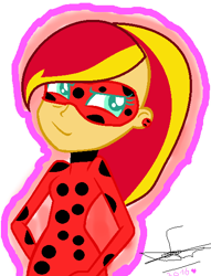 Size: 436x571 | Tagged: safe, artist:sofiya2009, sunset shimmer, equestria girls, alternate costumes, alternate hairstyle, crossover, miraculous ladybug, simple background, smiling, solo