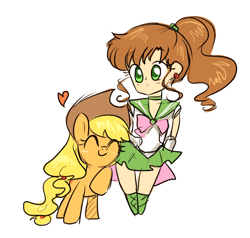 Size: 700x665 | Tagged: artist needed, safe, applejack, human, c:, crossover, cute, eyes closed, heart, jackabetes, kino makoto, nuzzling, raised hoof, sailor jupiter, sailor moon, smiling