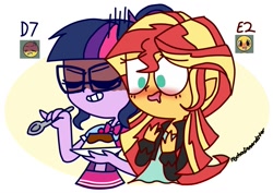 Size: 1233x872 | Tagged: safe, artist:psychodiamondstar, sci-twi, sunset shimmer, twilight sparkle, equestria girls, cake, clothes, emoji, eyes closed, female, food, glasses, grin, hungry, lesbian, scitwishimmer, shipping, smiling, spoon, sunsetsparkle