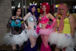 Size: 2048x1365 | Tagged: artist needed, safe, artist:wakogeek, fluttershy, pinkie pie, rarity, human, belly button, bellyring, clothes, cosplay, fishnet stockings, irl, irl human, leg warmers, midriff, momocon, photo, skirt, tutu