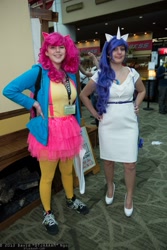 Size: 1365x2048 | Tagged: artist needed, safe, pinkie pie, rarity, human, clothes, convention, cosplay, ears, emerald city comicon, horn, irl, irl human, photo, tutu