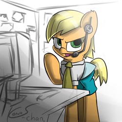 Size: 1000x1000 | Tagged: safe, artist:kanvas-chan, applejack, earth pony, pony, alternate hairstyle, computer, headset