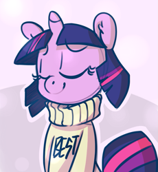 Size: 795x866 | Tagged: safe, artist:zonkpunch, derpibooru import, twilight sparkle, alternate hairstyle, best, best pony, clothes, eyes closed, floppy ears, smug, solo, sweater