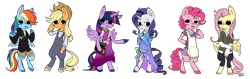 Size: 2415x767 | Tagged: safe, artist:maneribbons, derpibooru import, applejack, fluttershy, pinkie pie, rainbow dash, rarity, twilight sparkle, twilight sparkle (alicorn), alicorn, earth pony, pegasus, pony, semi-anthro, unicorn, apron, bipedal, clothes, dress, hat, mane six, overalls, pants, shorts, skirt