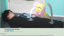 Size: 680x393 | Tagged: safe, artist:metalgriffen69, edit, fluttershy, human, background pony strikes again, deviantart, irl, irl human, lookadis mudda fugga, photo, ponies in real life, spiderman thread, tears of joy, waifu, why