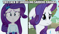 Size: 751x436 | Tagged: safe, rarity, human, pony, unicorn, equestria girls, :c, female, floppy ears, frown, image macro, imma snuggle you, looking at you, mare, meme, rarara, sad, wide eyes