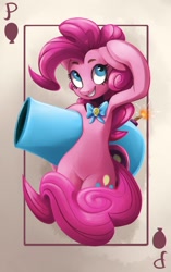 Size: 660x1050 | Tagged: dead source, safe, artist:hanabitaihou, pinkie pie, earth pony, pony, semi-anthro, bowtie, card, floppy ears, party cannon, playing card, solo