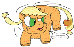 Size: 2723x1743 | Tagged: safe, artist:fluffyologist, applejack, earth pony, fluffy pony, pony, apple, caramel apple (food), fluffyjack, simple background, solo