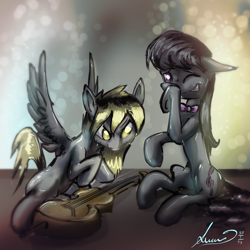Size: 5000x5000 | Tagged: safe, artist:alumx, derpy hooves, octavia melody, earth pony, pegasus, pony, absurd resolution, cello, creepy, female, mare, musical instrument, underp