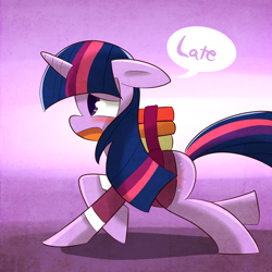 Size: 1200x1200 | Tagged: safe, artist:kty159, derpibooru import, twilight sparkle, book, clothes, school uniform, schoolgirl toast, solo, tardy