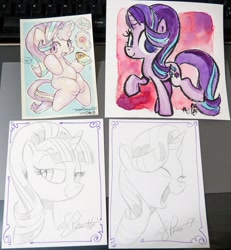 Size: 1481x1600 | Tagged: safe, artist:agnesgarbowska, artist:andypriceart, artist:mosamosa_n, starlight glimmer, pony, unicorn, candy, donut, eating, food, glowing horn, heart, smiling, solo, traditional art