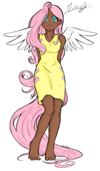 Size: 703x1200 | Tagged: safe, artist:aphexangel, artist:danerboots, fluttershy, human, arm behind back, cutie mark on clothes, humanized, solo, tailed humanization, winged humanization