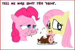 Size: 1119x745 | Tagged: safe, artist:andypriceart, fluttershy, pinkie pie, earth pony, pony, ham, meat, ponies eating meat, recolor, this will end in sickness