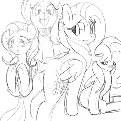 Size: 625x625 | Tagged: safe, artist:mewball, fluttershy, pegasus, pony, blushing, grin, monochrome, sketch, smiling, underhoof