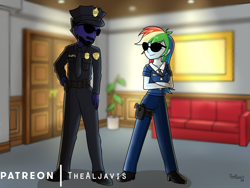 Size: 1600x1200 | Tagged: safe, artist:thealjavis, derpibooru import, rainbow dash, oc, equestria girls, ace attorney, clothes, gun, handgun, police officer, revolver, sunglasses