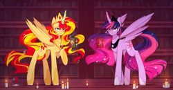 Size: 5303x2752 | Tagged: safe, artist:novabytes, sunset shimmer, twilight sparkle, twilight sparkle (alicorn), alicorn, pony, absurd resolution, alicornified, book, bookshelf, candle, commission, crown, duo, jewelry, levitation, lidded eyes, long legs, looking at you, magic, race swap, raised hoof, regalia, shimmercorn, smiling, smirk, spread wings, telekinesis