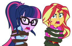 Size: 2525x1622 | Tagged: safe, artist:sketchmcreations, sci-twi, sunset shimmer, twilight sparkle, equestria girls, legend of everfree, bondage, clothes, commission, glasses, i've seen enough hentai to know where this is going, open mouth, screaming, shorts, simple background, transparent background, trapped, vector, vine