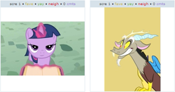 Size: 521x274 | Tagged: safe, derpibooru import, discord, twilight sparkle, exploitable meme, filly, funny, juxtaposition, juxtaposition win