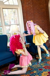 Size: 637x960 | Tagged: safe, artist:koi-ishly, artist:pikalachan, fluttershy, human, cosplay, high heels, irl, irl human, photo, scene interpretation, shoes