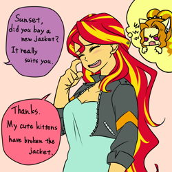 Size: 1000x1000 | Tagged: safe, artist:raika0306, adagio dazzle, sunset shimmer, equestria girls, clothes, dialogue, engrish, eyes closed, implied lesbian, implied sunsagio, implied twilight sparkle, open mouth, shipping, speech bubble, sunsagio