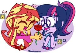 Size: 1334x927 | Tagged: safe, artist:psychodiamondstar, sci-twi, sunset shimmer, twilight sparkle, equestria girls, legend of everfree, clothes, cute, emoji, equestria girls-ified, female, flower, glasses, lesbian, rose, scitwishimmer, shimmerbetes, shipping, sunsetsparkle, twiabetes, wingding eyes