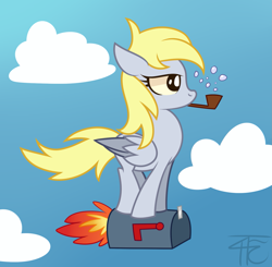 Size: 1423x1393 | Tagged: safe, artist:php92, derpy hooves, pegasus, pony, bubble, bubble pipe, female, flying, mailbox, mare, pipe, rocket, solo, wat