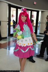 Size: 1365x2048 | Tagged: artist needed, safe, gummy, pinkie pie, human, clothes, cosplay, dress, gala dress, gloves, irl, irl human, megacon, photo