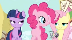 Size: 621x346 | Tagged: safe, derpibooru import, screencap, fluttershy, pinkie pie, twilight sparkle, earth pony, pegasus, pony, a friend in deed, bedroom eyes, hub logo, out of context, smile song, transformers