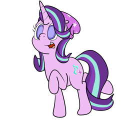 Size: 1280x1280 | Tagged: safe, artist:bennimarru, starlight glimmer, pony, unicorn, 30 minute art challenge, beanie, colored pupils, cute, female, glimmerbetes, happy, hat, mare, open mouth, raised hoof, raised leg, simple background, smiling, solo, white background, wide eyes