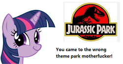 Size: 563x293 | Tagged: safe, derpibooru import, twilight sparkle, jurassic park, meme, twiface, vulgar, wrong neighborhood