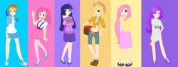 Size: 5000x1875 | Tagged: safe, artist:looji, derpibooru import, applejack, fluttershy, pinkie pie, rainbow dash, rarity, twilight sparkle, human, clothes, dress, humanized, mane six, skirt