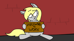 Size: 1280x720 | Tagged: safe, artist:darksketcharchive, derpy hooves, pegasus, pony, female, mare, out of work derpy, sign, solo, unemployment, will x for y