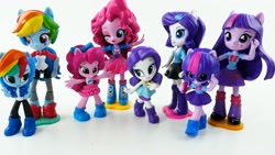 Size: 1920x1080 | Tagged: safe, derpibooru import, pinkie pie, rainbow dash, rarity, sci-twi, twilight sparkle, equestria girls, boots, clothes, doll, equestria girls minis, figurine, glasses, irl, jewelry, leg warmers, photo, shoes, skirt, toy