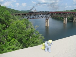 Size: 1460x1095 | Tagged: safe, derpy hooves, pegasus, pony, blind bag, bridge, female, irl, locomotive, mare, photo, ponies around the world, river, toy, train