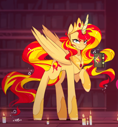 Size: 1280x1377 | Tagged: safe, artist:novabytes, part of a set, sunset shimmer, alicorn, pony, alicornified, book, candle, crown, jewelry, journal, long legs, looking at you, offscreen character, race swap, regalia, shimmercorn, smiling, solo focus