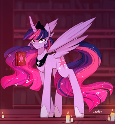 Size: 1280x1378 | Tagged: safe, artist:novabytes, part of a set, sunset shimmer, twilight sparkle, twilight sparkle (alicorn), alicorn, pony, book, candle, crown, jewelry, long legs, looking at you, magic, offscreen character, regalia, smiling, solo, spread wings, telekinesis