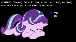 Size: 874x484 | Tagged: safe, starlight glimmer, pony, unicorn, black background, continue, crying, game over, knocked out, mother series, parody, rpg, simple background, solo, undertale, video game