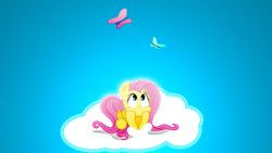 Size: 2560x1440 | Tagged: dead source, safe, artist:zoxxiify, fluttershy, butterfly, pegasus, pony, minimalist, solo, vector, wallpaper