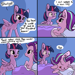 Size: 3300x3300 | Tagged: safe, artist:tjpones, starlight glimmer, twilight sparkle, twilight sparkle (alicorn), alicorn, pony, unicorn, bed, chest fluff, comic, dialogue, duo, duo female, ear fluff, female, high res, looking at each other, loss (meme), loss edit, mare, open mouth, slice of life, speech bubble, yep