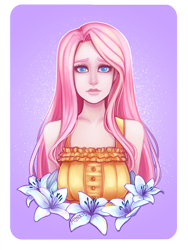 Size: 750x1000 | Tagged: safe, artist:mynxie-chu, artist:mynxuu, fluttershy, human, bust, colored pupils, flower, humanized, lillies, looking at you, portrait, solo