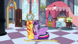 Size: 1024x577 | Tagged: safe, artist:rae-of-sunshine-art, sunset shimmer, twilight sparkle, twilight sparkle (alicorn), alicorn, pony, alicornified, castle, cuddling, female, lesbian, race swap, rainbow power, scroll, shimmercorn, shipping, snuggling, story included, sunsetsparkle, watermark