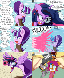 Size: 2000x2400 | Tagged: safe, artist:jake heritagu, midnight sparkle, scootaloo, starlight glimmer, twilight sparkle, twilight sparkle (alicorn), oc, oc:aero, oc:lightning blitz, alicorn, pegasus, pony, comic:ask motherly scootaloo, equestria girls, ask, baby, baby pony, cloak, clothes, colt, comic, dialogue, ear piercing, earring, energy blast, falcon punch, hairpin, jewelry, male, motherly scootaloo, offspring, older, older scootaloo, parent:derpy hooves, parent:oc:warden, parent:rain catcher, parent:scootaloo, parents:canon x oc, parents:catcherloo, parents:warderp, piercing, pony hat, ponyville, reversalmushroom, scarf, shield, smoke, smug, smuglight glimmer, speech bubble, sweatshirt, tumblr